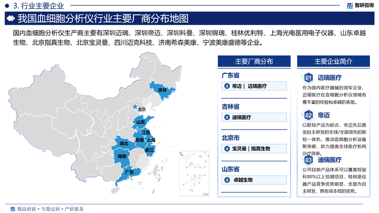 其中迈瑞医疗作为国内医疗器械的领军企业，迈瑞医疗在血细胞分析仪领域有着丰富的经验和卓越的表现；迈克科技公司自主产品涵盖生化、免疫、血球、血凝、血型、尿液、分子、快检、病理、原材料等多个技术平台，已成为国内体外诊断生产企业中产品品种最为丰富的企业之一。血细胞产品包括5系全自动血细胞分析仪6系全自动血细胞分析仪8系全自动血细胞分析仪AS120全自动推片染色机。