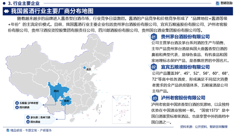 随着越来越多的品牌进入酱香型白酒市场，行业竞争日益激烈。酱酒的产品竞争和价格竞争形成了“品牌地位+酱酒等级+年份”的主流定价模式。目前，我国酱酒行业主要企业包括贵州茅台酒股份有限公司、宜宾五粮液股份有限公司、泸州老窖股份有限公司、贵州习酒投资控股集团有限责任公司、四川郎酒股份有限公司、贵州国台酒业集团股份有限公司等。