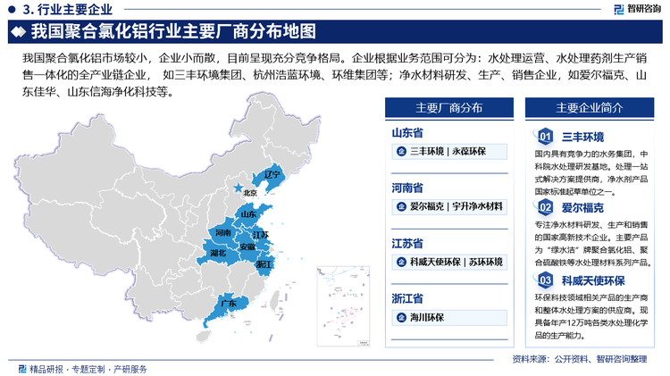 目前我国已是全球主要的聚合氯化铝生产基地和市场。但我国聚合氯化铝市场较小，企业小而散，目前呈现充分竞争格局。企业根据业务范围可分为：水处理运营、水处理药剂生产销售一体化的全产业链企业， 如三丰环境集团、杭州浩蓝环境、环维集团等；净水材料研发、生产、销售企业，如爱尔福克、山东佳华、山东信海净化科技等。