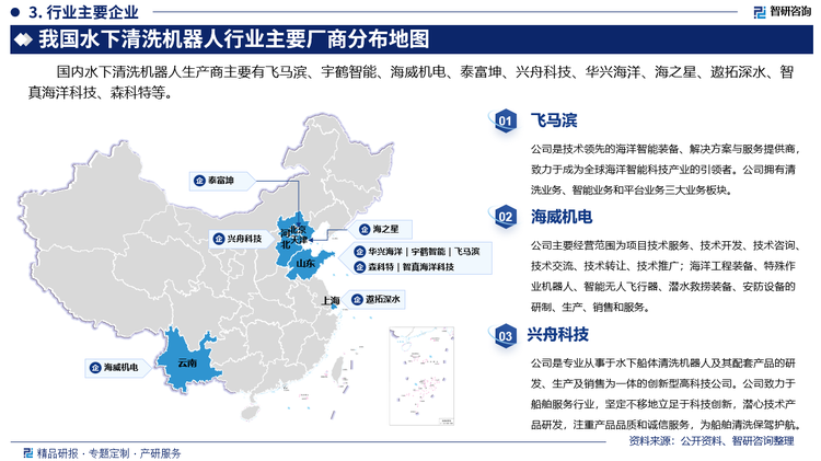 国内水下清洗机器人生产商主要有飞马滨、宇鹤智能、海威机电、泰富坤、兴舟科技、华兴海洋、海之星、遨拓深水、智真海洋科技、森科特等。其中飞马滨是技术领先的海洋智能装备、解决方案与服务提供商，致力于成为全球海洋智能科技产业的引领者。公司拥有清洗业务、智能业务和平台业务三大业务板块。海威机电主要经营范围为项目技术服务、技术开发、技术咨询、技术交流、技术转让、技术推广；海洋工程装备、特殊作业机器人、智能无人飞行器、潜水救捞装备、安防设备的研制、生产、销售和服务。兴舟科技是专业从事于水下船体清洗机器人及其配套产品的研发、生产及销售为一体的创新型高科技公司。公司致力于船舶服务行业，坚定不移地立足于科技创新，潜心技术产品研发，注重产品品质和诚信服务，为船舶清洗保驾护航。