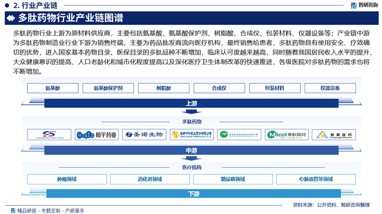 多肽药物行业上游为原材料供应商，主要包括氨基酸、氨基酸保护剂、树脂酸、合成仪、包装材料、仪器设备等；产业链中游为多肽药物制造业行业下游为销售终端，主要为药品批发商流向医疗机构，最终销售给患者，多肽药物具有使用安全、疗效确切的优势，进入国家基本药物目录、医保目录的多肽品种不断增加，临床认可度越来越高，同时随着我国居民收入水平的提升、大众健康意识的提高、人口老龄化和城市化程度提高以及深化医疗卫生体制改革的快速推进，各级医院对多肽药物的需求也将不断增加。