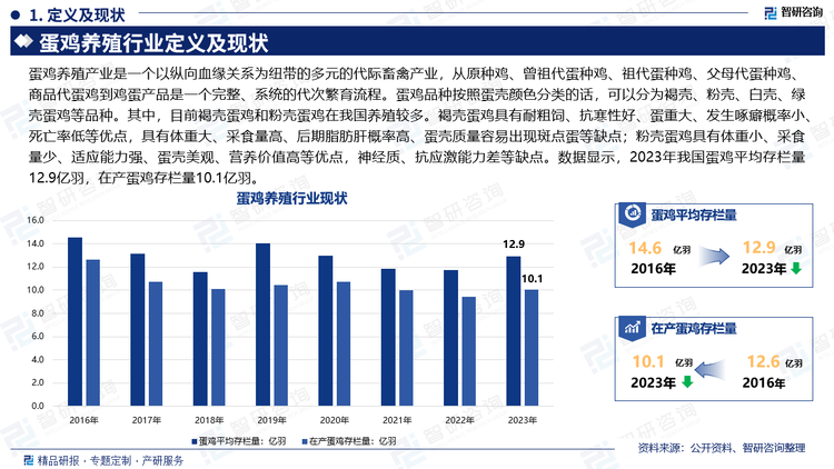 蛋鸡养殖产业是一个以纵向血缘关系为纽带的多元的代际畜禽产业，从原种鸡、曾祖代蛋种鸡、祖代蛋种鸡、父母代蛋种鸡、商品代蛋鸡到鸡蛋产品是一个完整、系统的代次繁育流程。蛋鸡品种按照蛋壳颜色分类的话，可以分为褐壳、粉壳、白壳、绿壳蛋鸡等品种。其中，目前褐壳蛋鸡和粉壳蛋鸡在我国养殖较多。褐壳蛋鸡具有耐粗饲、抗寒性好、蛋重大、发生啄癖概率小、死亡率低等优点，具有体重大、采食量高、后期脂肪肝概率高、蛋壳质量容易出现斑点蛋等缺点；粉壳蛋鸡具有体重小、采食量少、适应能力强、蛋壳美观、营养价值高等优点，神经质、抗应激能力差等缺点。数据显示，2023年我国蛋鸡平均存栏量12.9亿羽，在产蛋鸡存栏量10.1亿羽。