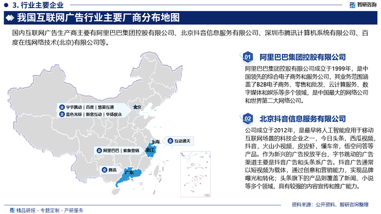 2023年中國(guó)互聯(lián)網(wǎng)廣告市場(chǎng)集中度與2022年相對(duì)穩(wěn)定，市場(chǎng)前十大公司份額占比為96.2%，前四的公司市場(chǎng)份額占比為75.57%。其中字節(jié)跳動(dòng)保持高速增長(zhǎng)，2023年同比增長(zhǎng)23.76%至1448億元，超越阿里成為國(guó)內(nèi)廣告收入規(guī)模第一的公司，也是近8年來(lái)第二個(gè)廣告收入規(guī)模破千億的公司。阿里廣告業(yè)務(wù)收入連續(xù)6年呈下滑趨勢(shì)，2023年廣告收入下滑趨勢(shì)有所抑制。百度與阿里相似，不過(guò)百度在2023年重新恢復(fù)增長(zhǎng)。騰訊廣告業(yè)務(wù)收入同比增速達(dá)17.57%，超過(guò)互聯(lián)網(wǎng)廣告收入整體市場(chǎng)規(guī)模增速。