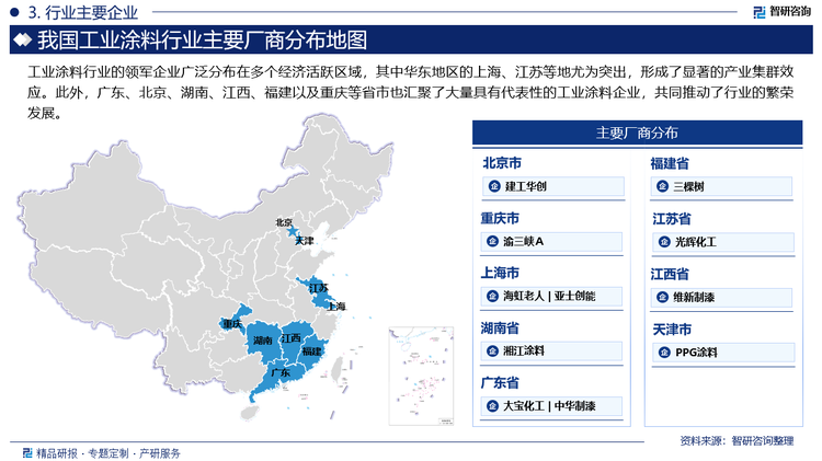 工業(yè)涂料行業(yè)的領(lǐng)軍企業(yè)廣泛分布在多個(gè)經(jīng)濟(jì)活躍區(qū)域，其中華東地區(qū)的上海、江蘇等地尤為突出，形成了顯著的產(chǎn)業(yè)集群效應(yīng)。此外，廣東、北京、湖南、江西、福建以及重慶等省市也匯聚了大量具有代表性的工業(yè)涂料企業(yè)，共同推動(dòng)了行業(yè)的繁榮發(fā)展。