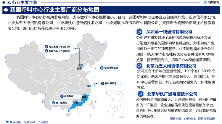 我国呼叫中心仍处初期发展阶段，大多数呼叫中心规模较小。目前，我国呼叫中心主要企业包括深圳第一线通信有限公司、北京九五太维资讯有限公司、北京华铁广通电信技术公司、北京鸿联九五信息产业有限公司、天津市今晚网络信息技术股份有限公司、厦门市佳音在线股份有限公司等。