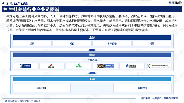 牛蛙养殖上游主要可分为饲料、人工、苗种和药物等，其中饲料作为长期养殖的主要成本，占比超七成。燃料动力费主要用于养殖场的照明以及抽水费用，深水与半深水模式相对规模较大，用水量大，都是用电力来抽取河道水作为水源使用，成本相对较高。各养殖地区所用饲料差异不大，然而饲料成本在浅水模式最低，说明该养殖模式有利于牛蛙减少能量消耗，不同养殖模式可一定程度上影响牛蛙养殖成本，但饲料成本仍是主要成本。下游需求来源主要是家庭领域和餐饮领域。