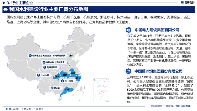 水利建设市场与国家利益息息相关，具有很强的不可替代性。以水利工程建设自身进行分析，水利建设工程具有前期投资较大、建设周期较长的特点，对于企业资本规模的要求比较大，因此水利建设市场主要集中于大型企业中。目前我国水利行业的主要竞争者主要是在几家大型央企，如中国电力建设集团、中国葛洲坝集团、安徽水利、钱江水利、三峡水利、中国安能建设总公司等，其中中国电建和葛洲坝旗下相关公司就有多家。这些企业的资金雄厚、技术先进，地方民营企业对其的赶超和挑战具有一定难度。而我国为了全方位的发展水利市场，在对于现代农业发展的支持的同时也加大了生态环境的保护等多方的资金投入，在水利市场中构建了从中央到地方的不同层次水利工程项目。