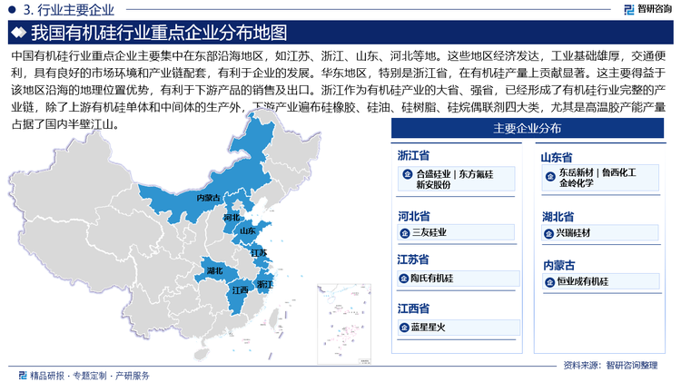 中国有机硅行业重点企业主要集中在东部沿海地区，如江苏、浙江、山东、河北等地。这些地区经济发达，工业基础雄厚，交通便利，具有良好的市场环境和产业链配套，有利于企业的发展。华东地区，特别是浙江省，在有机硅产量上贡献显著。这主要得益于该地区沿海的地理位置优势，有利于下游产品的销售及出口。浙江作为有机硅产业的大省、强省，已经形成了有机硅行业完整的产业链，除了上游有机硅单体和中间体的生产外，下游产业遍布硅橡胶、硅油、硅树脂、硅烷偶联剂四大类，尤其是高温胶产能产量占据了国内半壁江山。