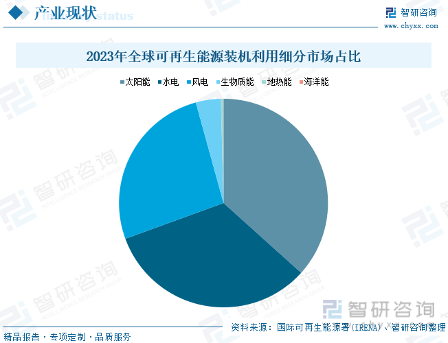 2023年全球可再生能源装机利用细分市场占比