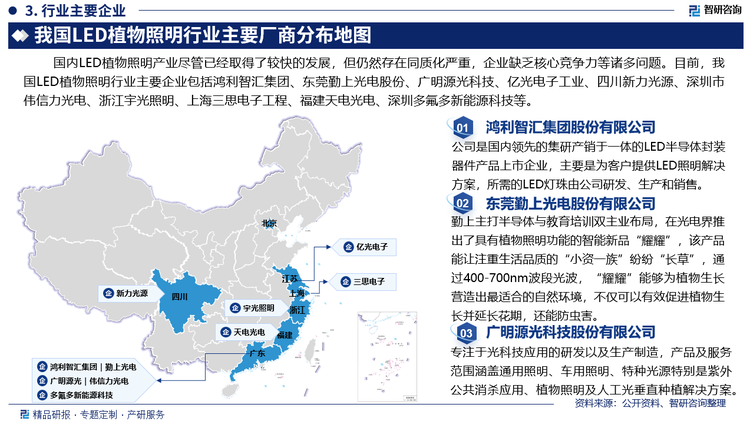国内LED植物照明产业尽管已经取得了较快的发展，但仍然存在同质化严重，企业缺乏核心竞争力等诸多问题。目前，我国LED植物照明行业主要企业包括鸿利智汇集团股份有限公司、东莞勤上光电股份有限公司、广明源光科技股份有限公司、亿光电子工业股份有限公司、四川新力光源股份有限公司、深圳市伟信力光电有限公司、浙江宇光照明科技有限公司、上海三思电子工程有限公司、福建天电光电有限公司、深圳市多氟多新能源科技有限公司等。