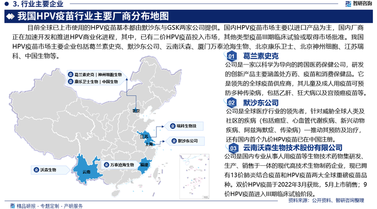 目前全球已上市使用的HPV疫苗基本都由默沙东与GSK两家公司提供。国内HPV疫苗市场主要以进口产品为主，国内厂商正在加速开发和推进HPV商业化进程，其中，已有二价HPV疫苗投入市场，其他类型疫苗III期临床试验或取得市场批准。我国HPV疫苗市场主要企业包括葛兰素史克、默沙东公司、云南沃森生物技术股份有限公司、厦门万泰沧海生物技术有限公司、北京康乐卫士生物技术股份有限公司、北京神州细胞生物技术集团股份公司、江苏瑞科生物技术股份有限公司、中国生物技术股份有限公司等。