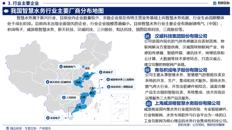 智慧水务属于新兴行业，目前业内企业数量较少，多数企业是在传统主营业务基础上向智慧水务拓展，行业生命周期整体处于成长阶段。目前尚未出现全面领先的企业，行业企业规模普遍偏小。目前智慧水务行业主要企业有施耐德电气（中国）有限公司、青岛积成电子股份有限公司、上海威派格智慧水务股份有限公司、新天科技股份有限公司、汉威科技集团股份有限公司、三川智慧科技股份有限公司、浙江和达科技股份有限公司、杭州领图信息科技有限公司、上海三高计算机中心股份有限公司等。