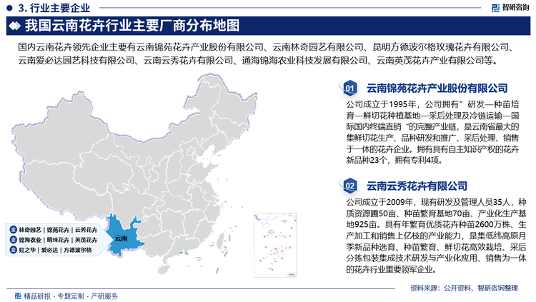 云南花卉产业凭借其得天独厚的优势，经过多年的发展，规模不断扩大。随着云南花卉行业的发展和扩大，市场上新建花卉企业不断涌现，行业竞争日趋激烈。目前，云南省主要花卉企业有云南锦苑花卉产业股份有限公司、云南林奇园艺有限公司、昆明方德波尔格玫瑰花卉有限公司、云南爱必达园艺科技有限公司、云南云秀花卉有限公司、通海锦海农业科技发展有限公司、云南英茂花卉产业有限公司等。