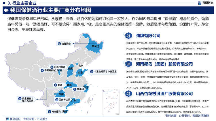 保健酒競爭格局早已形成，從規(guī)模上來看，超百億的勁酒可以說是一家獨大。作為國內(nèi)最早提出“保健酒”概念的酒企，勁酒當年憑借一句“勁酒雖好，可不要貪杯”而家喻戶曉，是名副其實的保健酒第一品牌。隨后是椰島鹿龜酒、汾酒竹葉青、茅臺白金酒、寧夏紅等品牌。與市場變化相適應(yīng)的是品牌走向集中化發(fā)展，勁酒、椰島等頭部企業(yè)的規(guī)模已經(jīng)占據(jù)保健酒的半壁江山。