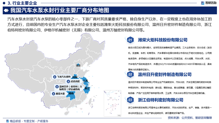 汽车水泵水封是汽车水泵的核心零部件之一，下游厂商对其质量要求严格，除自身生产以外，在一定程度上也在用外协加工的方式进行，目前国内的专业生产汽车水泵水封企业主要包括潍柴火炬科技股份有限公司、温州日升密封件制造有限公司、浙江伯特利密封有限公司、温州万轴密封有限公司等。