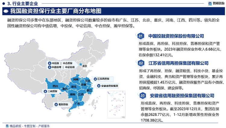 为了支持小微企业和“三农”的发展，国家从顶层设计开始，成立国家融资担保基金，建立政府性融资担保体系，各地市（州）都设立了相应的政府性融资担保机构。从区域分布来看，我国融资担保公司多集中在东部地区，融资担保公司数量较多的省市有广东、江苏、北京、重庆、河南、江西、四川等。从股东性质来看，由于我国融资担保公司的政策属性较强，因此绝大多数融资担保公司都由国企、央企或政府部门直接控股。其中全国性担保公司的第一大股东多为央企或全国性国企，地方性担保公司的第一大股东则多为地方国企或地方政府部门。领先的全国性担保公司有中债信增、中投保、中证信用、中合担保、瀚华担保等。