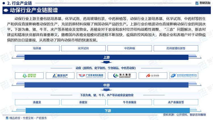 动保行业上游主要包括培养基、化学试剂、药用玻璃包装、中药种植等，动保行业上游培养基、化学试剂、中药材等的生产和供应直接影响着动保的生产，充足的原材料保障了我国动保产品的生产。上游行业价格波动也直接影响动保行业的利润水平。下游为禽、猪、牛羊、水产等养殖业及宠物业。养殖业对于农业和农村经济结构战略性调整、“三农”问题解决、新农村建设和精准扶贫都具有重要意义。随着国内养殖业规模化的进程不断加快，疫病防控风险加大，养殖企业和养殖户对于动物疫病的防治日益重视，从而推动了国内动保市场的快速发展。