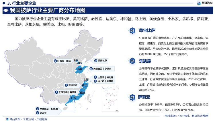 国内披萨行业企业主要有尊宝比萨、美闻比萨、必胜客、达美乐、棒约翰、马上诺、美焕食品、小林家、乐凯撒、萨莉亚、至尊比萨、芝根芝底、鑫美臣、比格、好伦哥等。其中尊宝比萨拥有广阔的餐饮市场。在产品的精确化、标准化、流程化、健康化、品质化上做出品牌最大的贡献!让消费者享受高品质、平价位的产品。截至到2023年尊宝比萨在全国已有3000+家门店，255个城市门店分布。乐凯撒比萨拥有专业数字化团队，累计投资近亿元构建数字化生态系统。拥有独立的、专注于餐饮企业数字化集成的乐家云计算，行业首家实现所有系统全连通。2023年在深圳、上海、广州等12座城市拥有200+家门店，小程序会员数已超过850万人。萨莉亚成立于1967年，截至2023年，公司营业额达到12亿元，来客数达到3012万人，门店数量为178家。