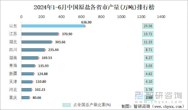 2024年1-6月中国原盐各省市产量排行榜