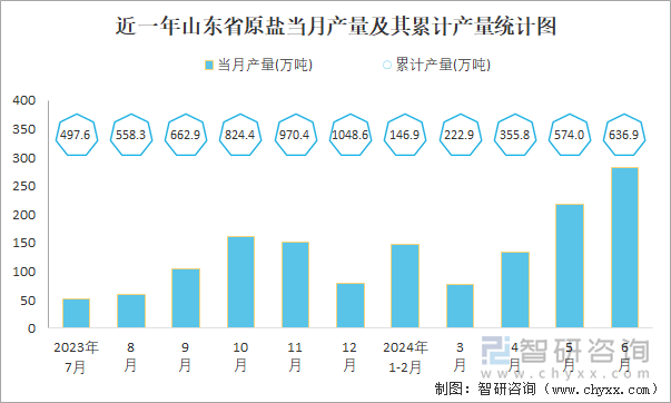 近一年山东省原盐当月产量及其累计产量统计图