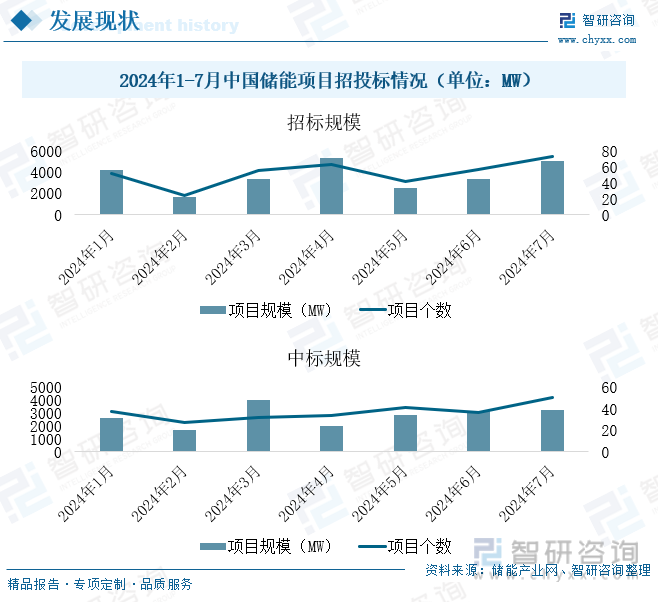 2024年1-7月中国储能项目招投标情况（单位：MW）