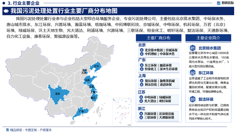 我国污泥处理处置行业参与企业包括大型综合环境服务企业、专业污泥处理公司，主要包括北京排水集团、中环保水务、唐山城市排水、东江环保、兴蓉环境、瀚蓝环境、珞珈环境、中科博联科技、京城环保、中电环保、机科环保、万若（北京）环境、绿威环保、沃土天地生物、光大清洁、利浦环境、兴源环境、三联环保、恒业化工、明轩环保、复洁环保、天通新环境、苏州自力化工设备、康泰环保、聚福源设备等。