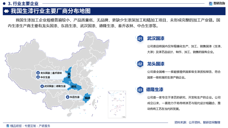 其中武汉国漆是目前国内仅存规模化生产、加工、销售国漆（生漆、大漆）及漆艺品设计、制作、加工、销售的国有企业。龙头国漆是全国唯一一家能够提供国家级生漆质检报告，符合国家一级标准的生漆产销企业。德隆生漆是一家专注于漆艺的研究、开发和生产的企业。公司成立以来，一直致力于将传统漆艺与现代设计相融合，推动传统工艺在当代的发展。