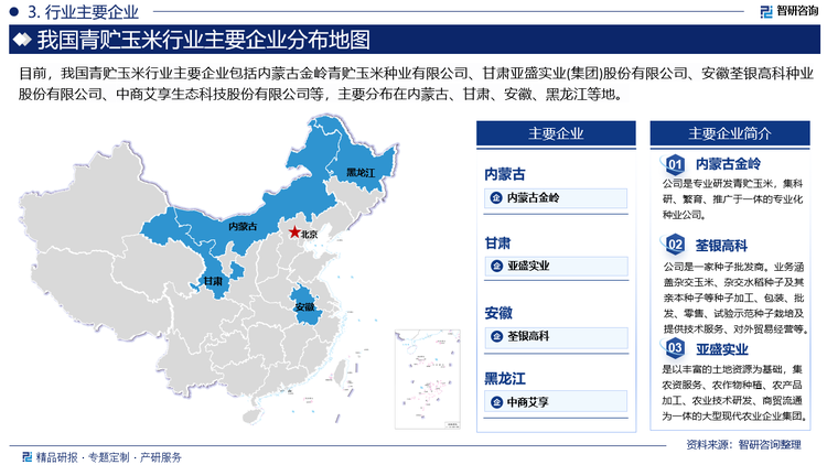 目前，我国青贮玉米行业主要企业包括内蒙古金岭青贮玉米种业有限公司、甘肃亚盛实业(集团)股份有限公司、安徽荃银高科种业股份有限公司、中商艾享生态科技股份有限公司等，主要分布在内蒙古、甘肃、安徽、黑龙江等地。