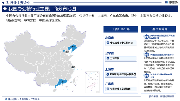 中国办公楼行业主要厂商分布在我国的东部沿海地区，包括辽宁省、上海市、广东省等省市。其中，上海市办公楼企业较多，包括陆家嘴、绿地集团、中国金茂等企业。