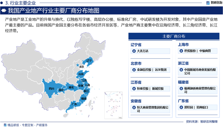 产业地产是工业地产的升级与换代，以独栋写字楼、高层办公楼、标准化厂房、中试研发楼为开发对象，其中产业园是产业地产最主要的产品。目前我国产业园主要分布在各省市经济开发区等，产业地产商主要集中在沿海经济带、长三角经济带、长江经济带。