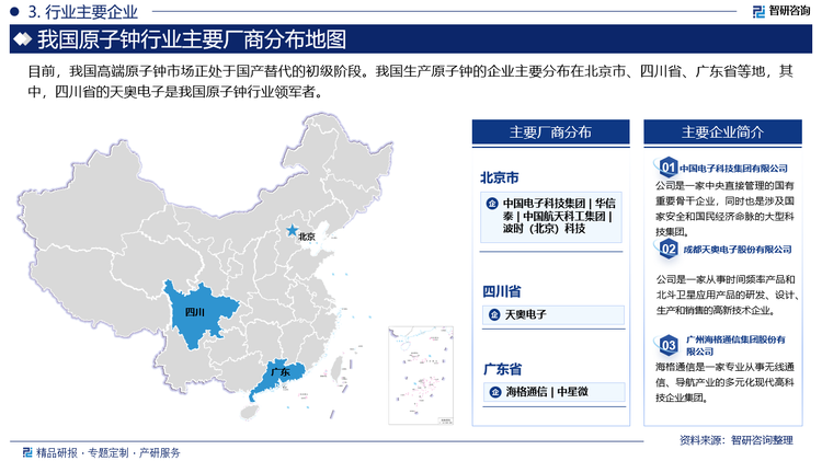 目前，我国高端原子钟市场正处于国产替代的初级阶段。我国生产原子钟的企业主要分布在北京市、四川省、广东省等地，其中，四川省的天奥电子是我国原子钟行业领军者。