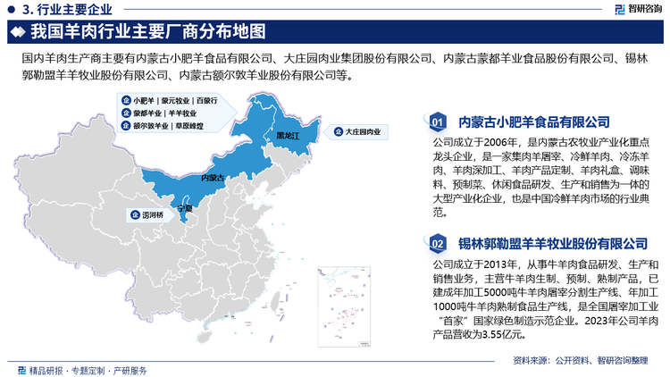 中国肉羊行业当前处于较为分散的竞争状态，众多企业规模偏小，主要由中小型私营企业构成。这些企业在市场中的竞争力相对薄弱，整体市场集中度不高，尚未形成显著的龙头企业引领市场。这些企业普遍采用全产业链一体化的经营策略，涵盖从肉羊养殖到屠宰加工，再到羊肉销售的完整流程。这种一体化模式在保障食品安全、有效防控疫病、严格质量控制以及合理成本控制等方面展现出明显优势，成为羊肉行业企业争夺市场份额的关键所在。目前，国内羊肉行业主要企业有内蒙古小肥羊食品有限公司、大庄园肉业集团股份有限公司、内蒙古蒙都羊业食品股份有限公司、锡林郭勒盟羊羊牧业股份有限公司、内蒙古额尔敦羊业股份有限公司等。