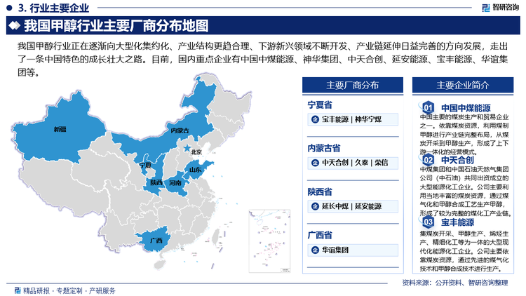 我国甲醇行业经过几十年的发展，产能、产量和消费量迅速增长，均居世界首位，已成为甲醇大国，并且还在快速成长中。我国甲醇行业正在逐渐向大型化集约化、产业结构更趋合理、下游新兴领域不断开发、产业链延伸日益完善的方向发展，走出了一条中国特色的成长壮大之路。目前，国内重点企业有中国中煤能源、神华集团、中天合创、延安能源、宝丰能源、华谊集团等。