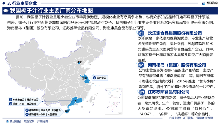 目前，我国椰子汁行业呈现小微企业市场竞争激烈，规模化企业有序竞争态势，也有众多知名品牌开始布局椰子汁领域。未来，椰子汁行业将面临更加复杂的市场环境和更加激烈的竞争。我国椰子汁行业主要企业包括欢乐家食品集团股份有限公司、海南椰岛（集团）股份有限公司、江苏苏萨食品有限公司、海南康美食品有限公司等。