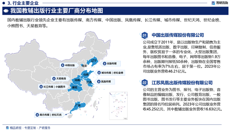 目前，教輔市場競爭激烈，國家、省市級出版企業(yè)占主導(dǎo)地位。目前我國教輔教材出版市場格局主要分為三個梯隊，第一梯隊由城市傳媒、長江傳媒、鳳凰傳媒等國家、省市級的出版集團組成。第二梯隊由世紀天鴻、世紀金榜、金太陽教育擁有專屬核心產(chǎn)品的規(guī)模較大的民營出版企業(yè)組成。第三梯隊則是由智慧流、書鏈等產(chǎn)業(yè)鏈不完整或規(guī)模相對較小的出版社組成。