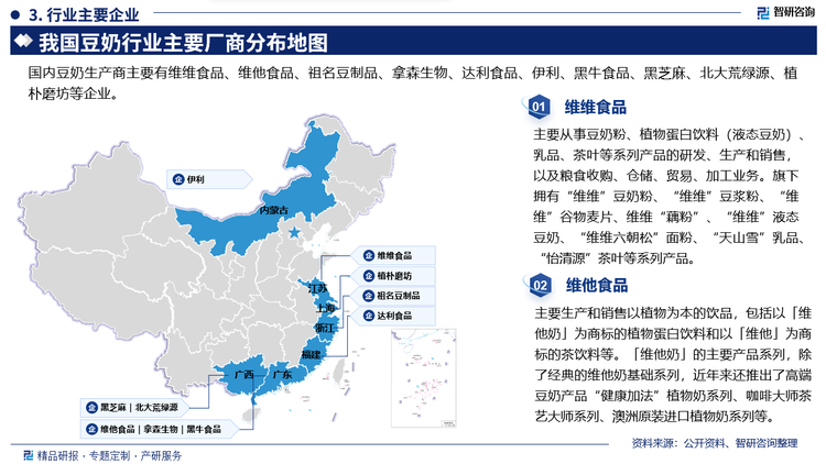 维维食品主要从事豆奶粉、植物蛋白饮料(液态豆奶)乳品、茶叶等系列产品的研发、生产和销售以及粮食收购、仓储、贸易、加工业务。旗下拥有“维维”豆奶粉、“维维”豆浆粉、“维维”谷物麦片、维维“藕粉”“维维”液态豆奶、“维维六朝松”面粉、“天山雪”乳品、“怡清源”茶叶等系列产品。维他食品主要生产和销售以植物为本的饮品，包括以「维他奶」为商标的植物蛋白饮料和以「维他」为商标的茶饮料等。「维他奶」的主要产品系列，除了经典的维他奶基础系列，近年来还推出了高端豆奶产品“健康加法”植物奶系列、咖啡大师茶艺大师系列、澳洲原装进口植物奶系列等