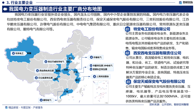 我国电力变压器行业呈现外资企业领头，国内龙头公司领跑，国内中小型企业蓬勃发展的局面。国内电力变压器代表企业包括特变电工股份有限公司、西安西电变压器有限责任公司、保定天威保变电气股份有限公司、三变科技股份有限公司、江苏华鹏变压器有限公司、许继电气股份有限公司、中电电气集团有限公司、重庆日立能源变压器有限公司、常州思源东芝变压器有限公司、顺特电气有限公司等。