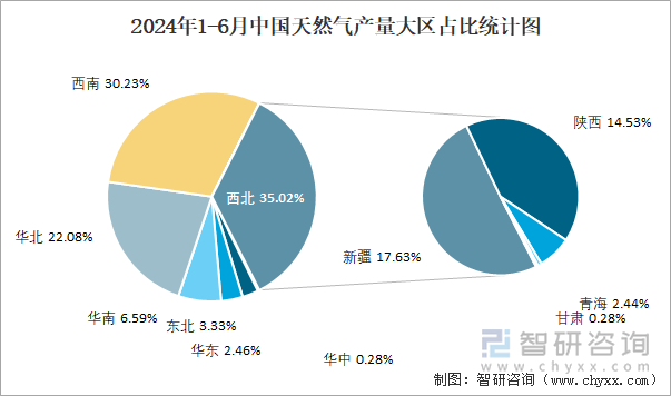 2024年1-6月中国天然气产量大区占比统计图