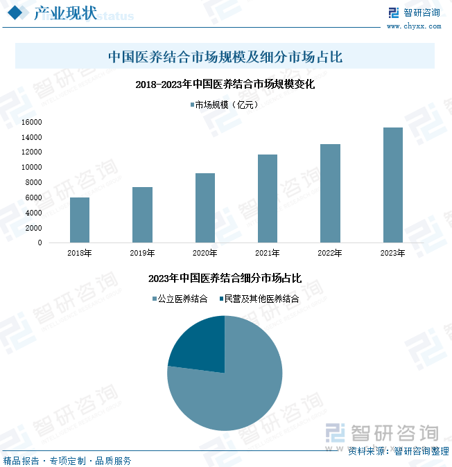 中国医养结合市场规模及细分市场占比