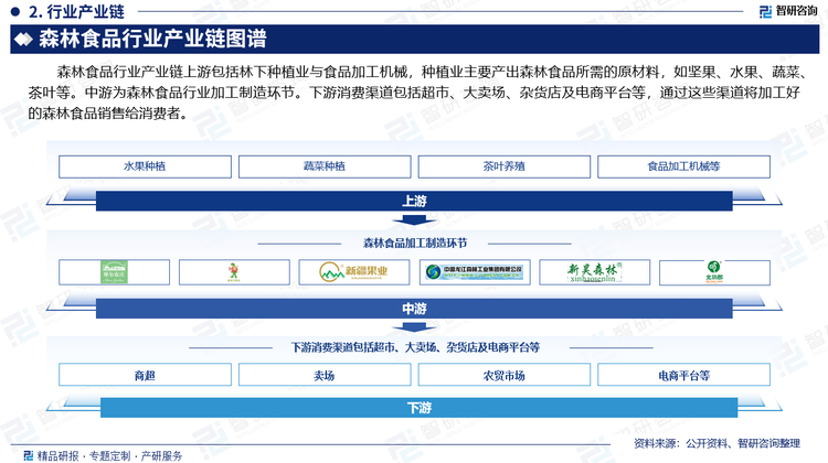 森林食品行業(yè)產(chǎn)業(yè)鏈上游包括林下種植業(yè)與食品加工機(jī)械，種植業(yè)主要產(chǎn)出森林食品所需的原材料，如堅(jiān)果、水果、蔬菜、茶葉等。中游為森林食品行業(yè)加工制造環(huán)節(jié)。下游消費(fèi)渠道包括超市、大賣場(chǎng)、雜貨店及電商平臺(tái)等，通過這些渠道將加工好的森林食品銷售給消費(fèi)者。