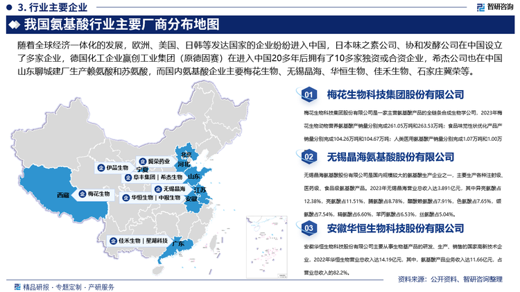 目前，我国氨基酸市场目前处于竞争激烈的状态，市场格局主要由国内外多家企业竞争而成。随着全球经济一体化的发展，欧洲、美国、日韩等发达国家的企业纷纷进入中国，日本味之素公司、协和发酵公司在中国设立了多家企业，德国化工企业赢创工业集团（原德固赛）在进入中国20多年后拥有了10多家独资或合资企业，希杰公司也在中国山东聊城建厂生产赖氨酸和苏氨酸，而国内氨基酸企业主要梅花生物、无锡晶海、华恒生物、佳禾生物、石家庄冀荣等。