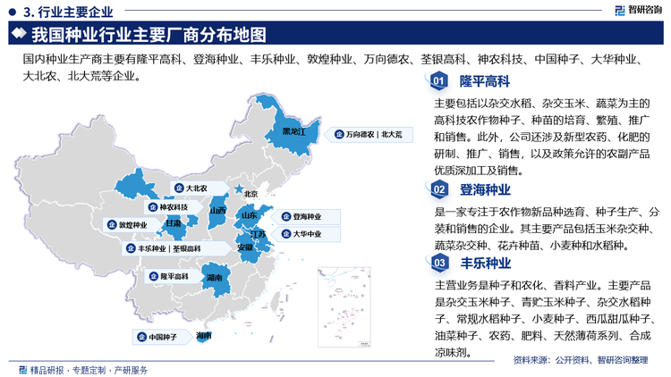 主要企业来看，隆平高科主要包括以杂交水稻、杂交玉米、蔬菜为主的高科技农作物种子、种苗的培育、繁殖、推广和销售。此外，公司还涉及新型农药、化肥的研制、推广、销售，以及政策允许的农副产品优质深加工及销售。登海种业是一家专注于农作物新品种选育、种子生产、分装和销售的企业。其主要产品包括玉米杂交种、蔬菜杂交种、花卉种苗、小麦种和水稻种。丰乐种业主营业务是种子和农化、香料产业。主要产品是杂交玉米种子、青贮玉米种子、杂交水稻种子、常规水稻种子、小麦种子、西瓜甜瓜种子油菜种子、农药、肥料、天然薄荷系列、合成凉味剂。