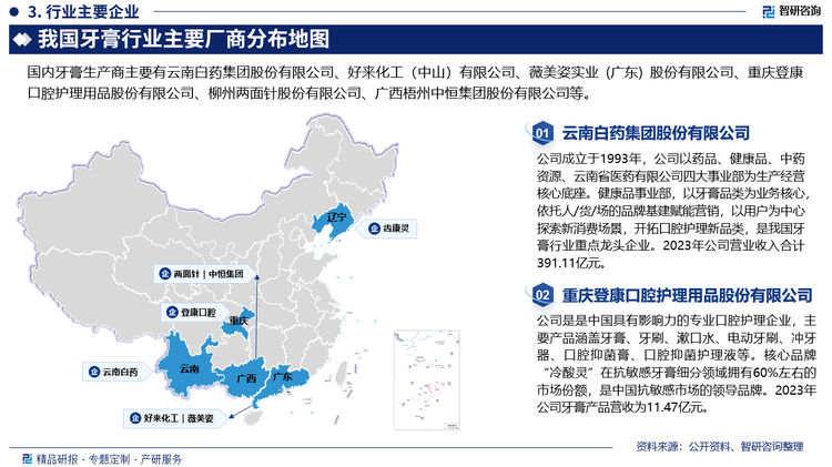 目前，中国牙膏市场份额大体被4类产品分割：一是“高露洁”等外资、合资品牌，二是像“云南白药”这样的著名民族品牌，三是中小企业的产品，四是一部分假冒伪劣产品。外资、合资品牌无论是销售额、市场占有率还是美誉度方面，在中国市场均取得了明显优势，国产牙膏处于整体的弱势。但随着本土品牌的产品创新力度加大和销售渠道的逐步完善，以及国内本土品牌在中草药牙膏和功效性牙膏等细分市场的突破，国产牙膏的市场占有率将会进一步扩大。这种外资品牌占有绝大多数市场份额的竞争格局有望得到改变。