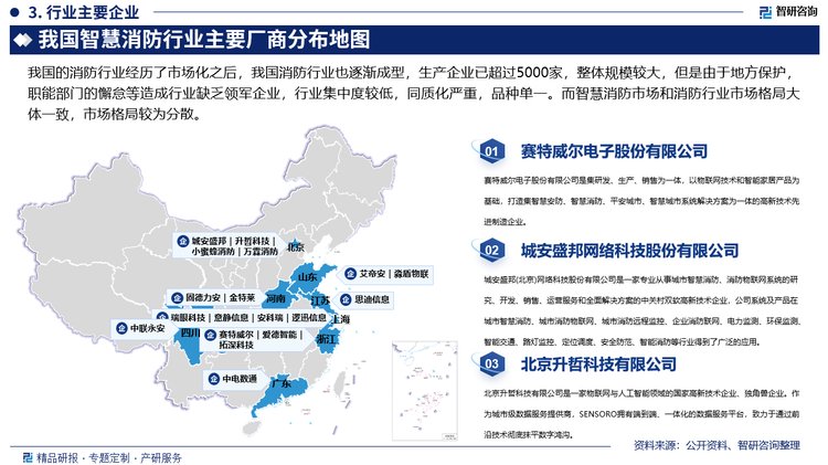 我国的消防行业经历了十余年的发展，从2001-2003年的消防产品生产销售备案登记制度，到市场准入制度，由计划转入市场，更多的民营企业开始进入消防行业，经历了市场化之后，我国消防行业也逐渐成型，生产企业已超过5000家，整体规模较大，但是由于地方保护，职能部门的懈怠等造成行业缺乏领军企业，行业集中度较低，同质化严重，品种单一。而智慧消防市场和消防行业市场格局大体一致，市场格局较为分散。