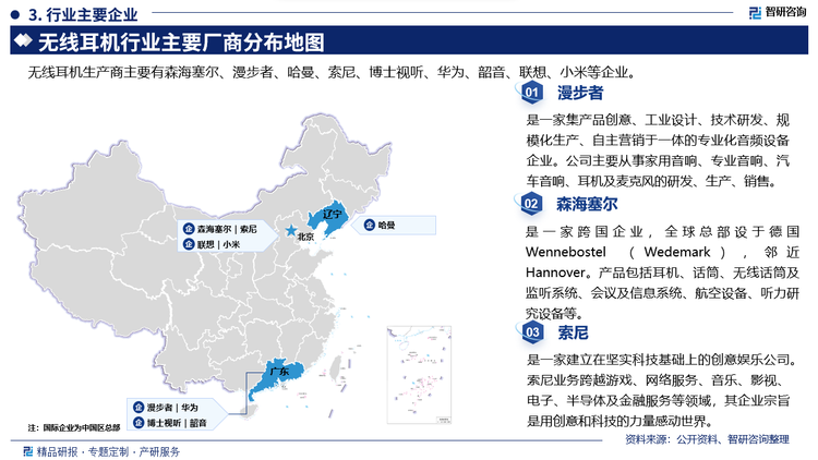 部分企业概况而言，漫步者是一家集产品创意、工业设计、技术研发、规模化生产、自主营销于一体的专业化音频设备企业。公司主要从事家用音响、专业音响、汽车音响、耳机及麦克风的研发、生产、销售。森海塞尔是一家跨国企业，全球总部设于德国Wedemark)邻 近WennebostelHannover。产品包括耳机、话筒、无线话筒及监听系统、会议及信息系统、航空设备、听力研究设备等。索尼是一家建立在坚实科技基础上的创意娱乐公司。索尼业务跨越游戏、网络服务、音乐、影视、电子、半导体及金融服务等领域，其企业宗旨是用创意和科技的力量感动世界。