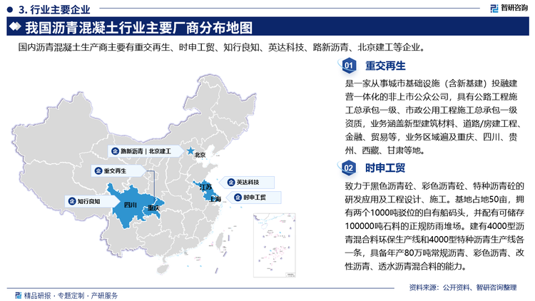 主要企業(yè)概況，重交再生是一家從事城市基礎(chǔ)設(shè)施(含新基建)投融建營(yíng)一體化的非上市公眾公司，具有公路工程施工總承包一級(jí)、市政公用工程施工總承包一級(jí)資質(zhì)，業(yè)務(wù)涵蓋新型建筑材料、道路/房建工程金融、貿(mào)易等，業(yè)務(wù)區(qū)域遍及重慶、四川、貴州、西藏、甘肅等地。時(shí)申工貿(mào)致力于黑色瀝青砼、彩色瀝青砼、特種瀝青砼的研發(fā)應(yīng)用及工程設(shè)計(jì)、施工?；卣嫉?0畝，擁有兩個(gè)1000噸駁位的自有船碼頭，并配有可儲(chǔ)存100000噸石料的正規(guī)防雨堆場(chǎng)。建有4000型瀝青混合料環(huán)保生產(chǎn)線和4000型特種瀝青生產(chǎn)線各一條，具備年產(chǎn)80萬噸常規(guī)瀝青、彩色瀝青、改性瀝青、透水瀝青混合料的能力。