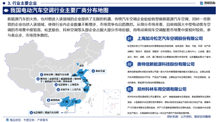 从细分市场来看，目前我国大中型电动客车空调的市场集中度较高，松芝股份、科林空调等头部企业占据大部分市场份额，而电动乘用车空调配套市场集中度相对较低，参与者众多，如奥特佳、电装（丰田自动织机）、华域三电、协众国际、法雷奥、HanonSystems等等，市场竞争激烈。