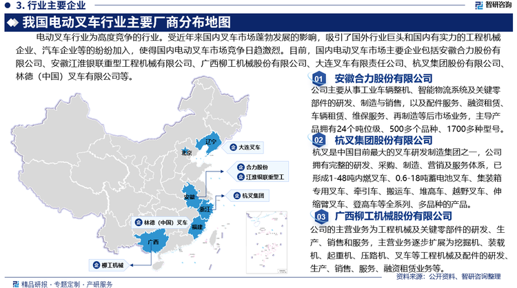 电动叉车行业为高度竞争的行业。受近年来国内叉车市场蓬勃发展的影响，吸引了国外行业巨头和国内有实力的工程机械企业、汽车企业等的纷纷加入，使得国内电动叉车市场竞争日趋激烈。目前，国内电动叉车市场主要企业包括安徽合力股份有限公司、安徽江淮银联重型工程机械有限公司、广西柳工机械股份有限公司、大连叉车有限责任公司、杭叉集团股份有限公司、林德（中国）叉车有限公司等。