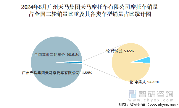 2024年6月廣州天馬集團(tuán)天馬摩托車有限公司摩托車銷量占全國二輪銷量比重及其各類車型銷量占比統(tǒng)計(jì)圖