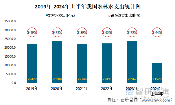 2019年-2024年上半年我国农林水支出统计图